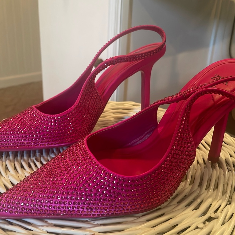 Pink crystal slingback pumps